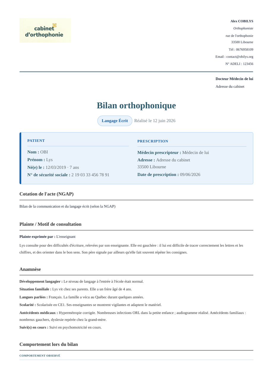 Bilan orthophonique Obilys — Classique