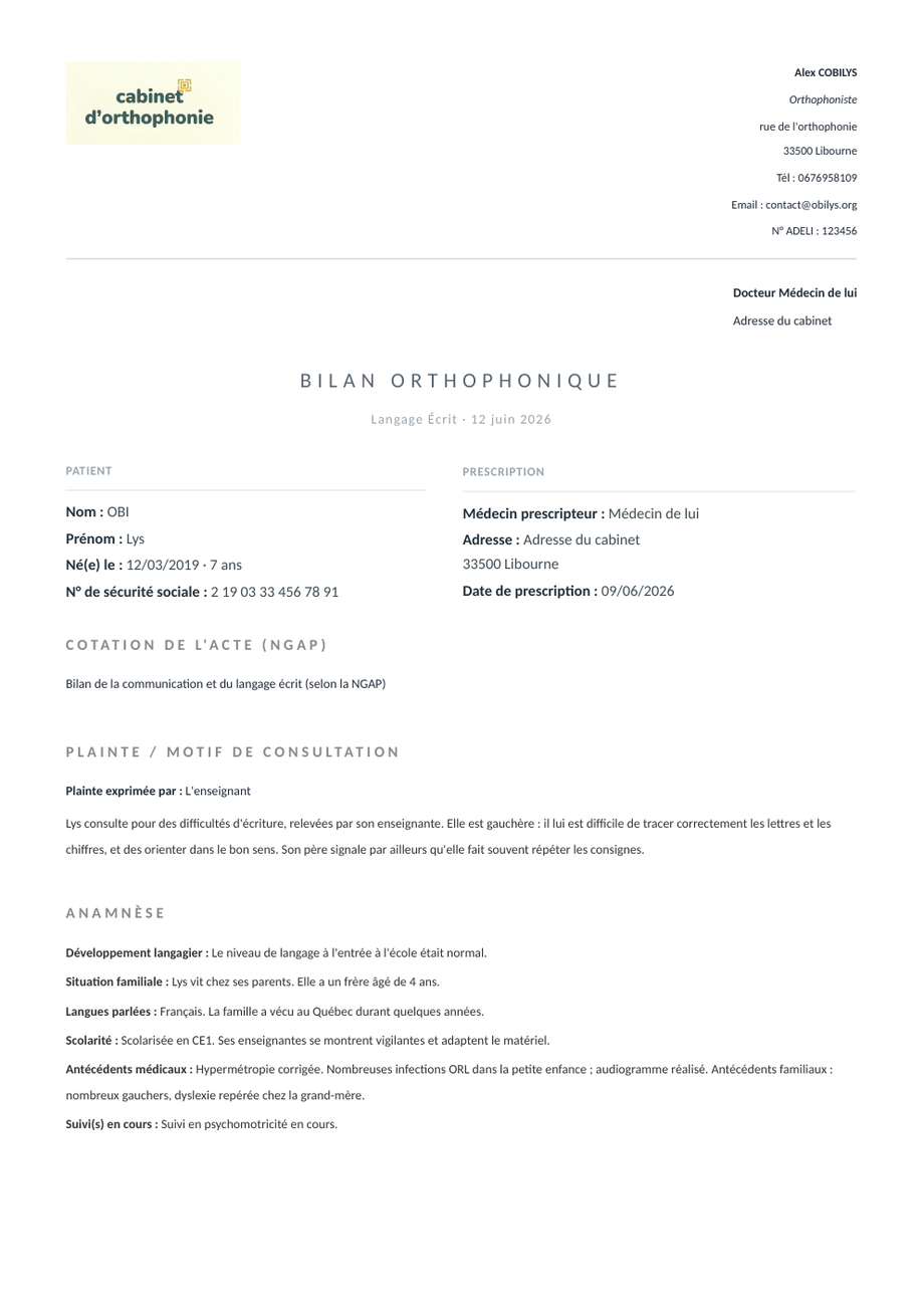 Bilan orthophonique Obilys — Épuré