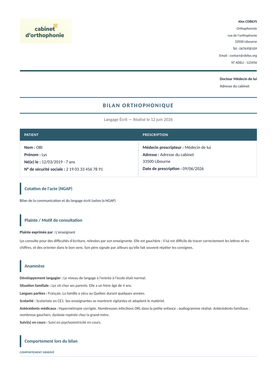 Bilan orthophonique Obilys — Pro