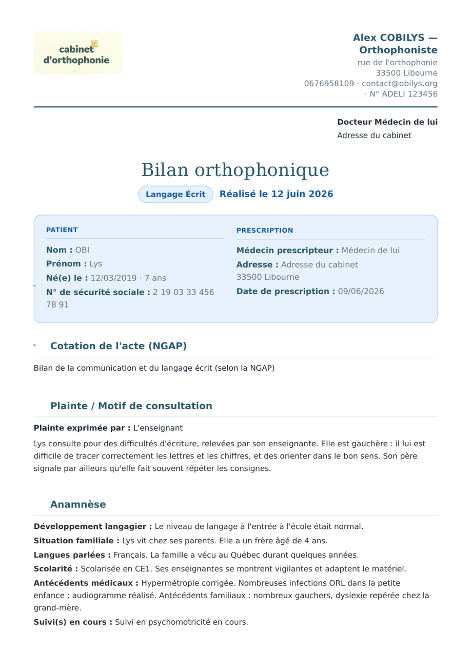 Bilan orthophonique Obilys — Profil visuel