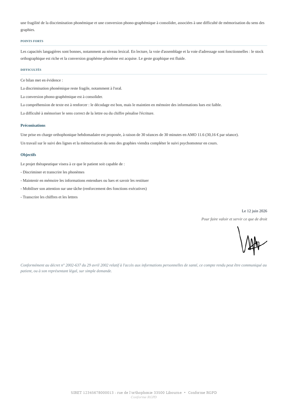 Bilan orthophonique Obilys — Signature